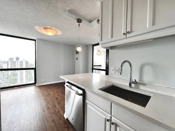 a kitchen with stainless steel appliances granite countertop a sink and a wooden floor