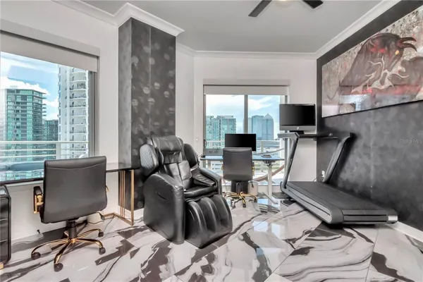 a view of balcony with furniture