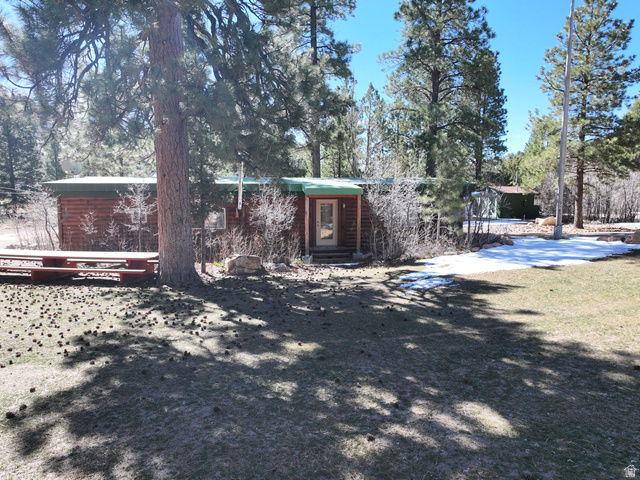 700 West Gravel Road North Kanab, UT 84741 - Photo 23 of 63 Log-sided exterior with a natural wood entry door, surrounding mature trees, and a grassy outdoor area