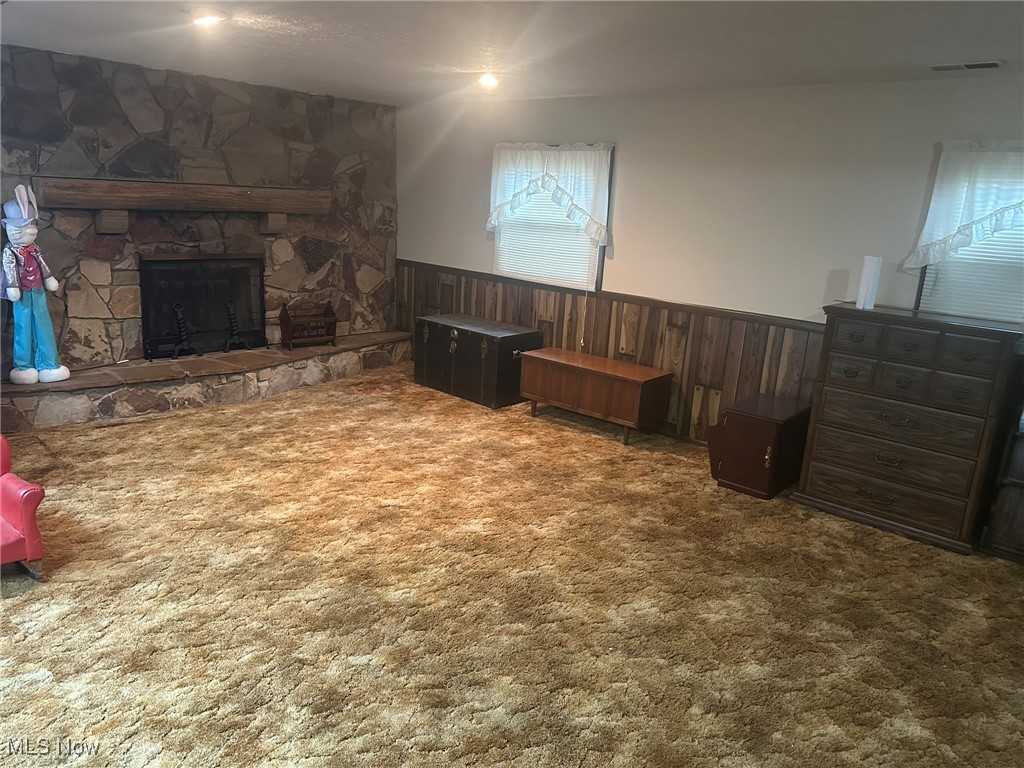 97 West Howe Road Tallmadge, OH 44278 - Photo 6 of 35 Living room with carpet, a stone fireplace, and wood walls