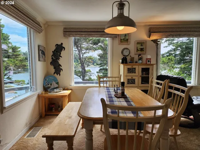 a view of a dining room with furniture window and outside view