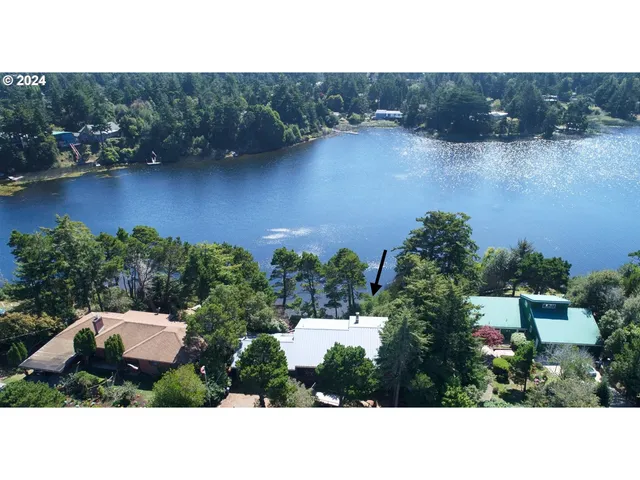 an aerial view of a house with a yard and lake view