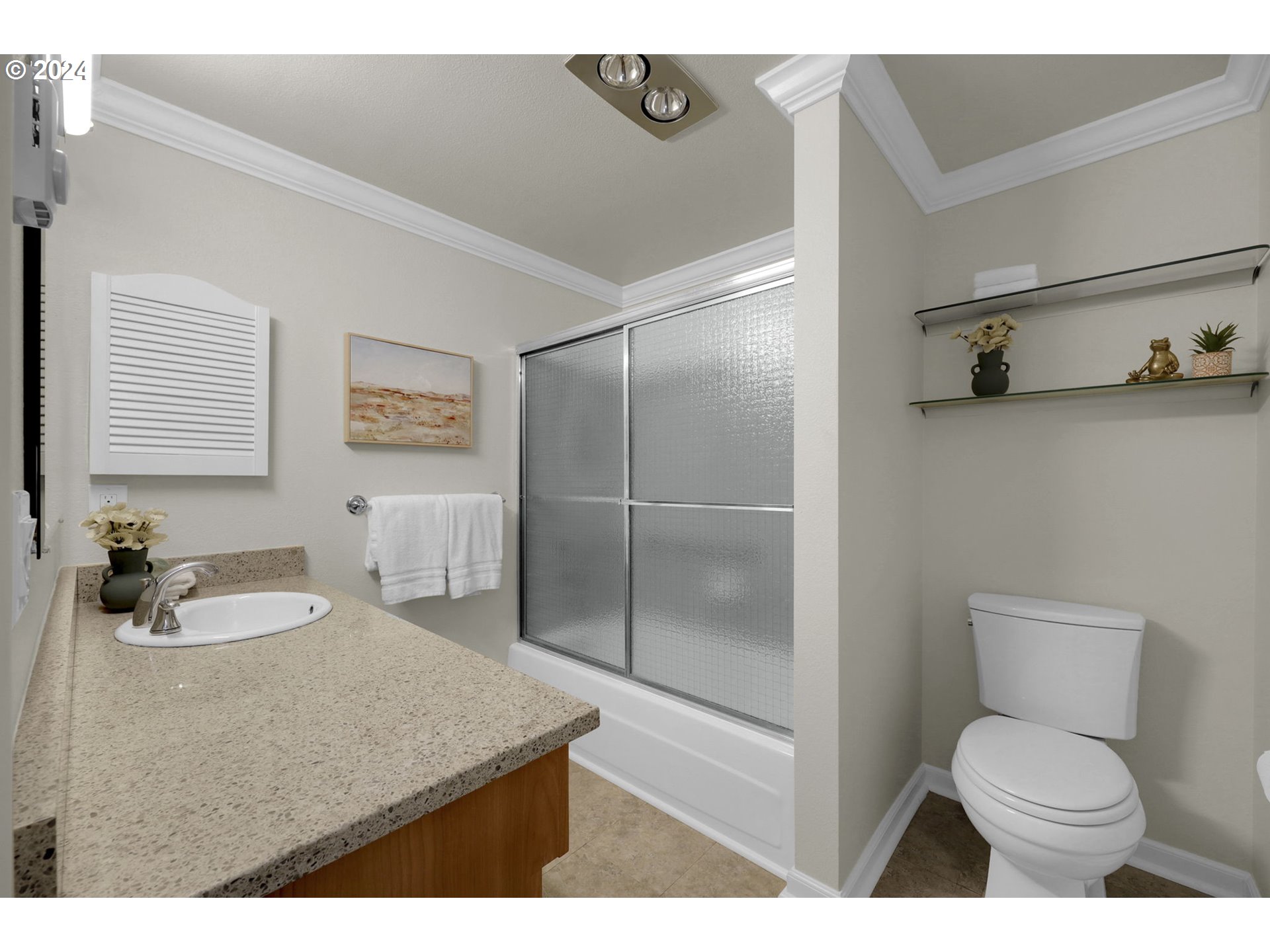 100 Westbrook Way Eugene, OR 97405 - Photo 37 of 48 a bathroom with a granite countertop sink toilet a mirror and shower