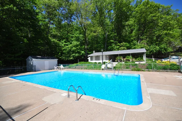a view of a swimming pool with a bench and trees in the background