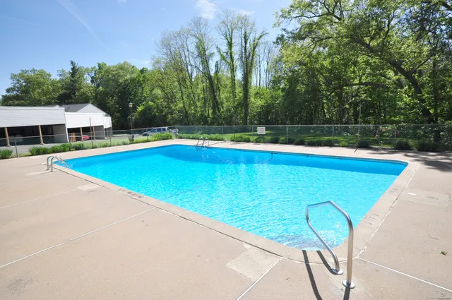 a view of swimming pool with seating area and trees in the background