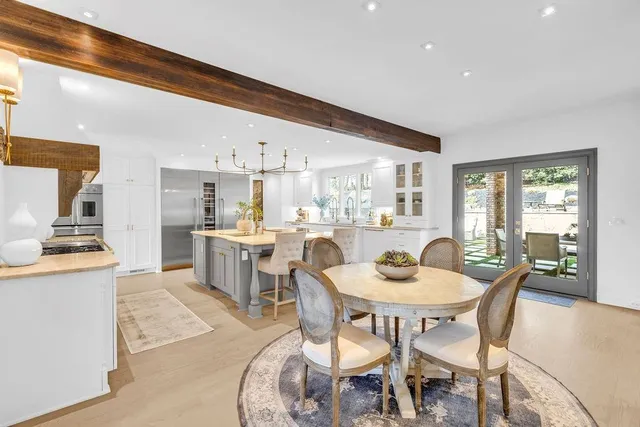 a kitchen with white cabinets and a refrigerator