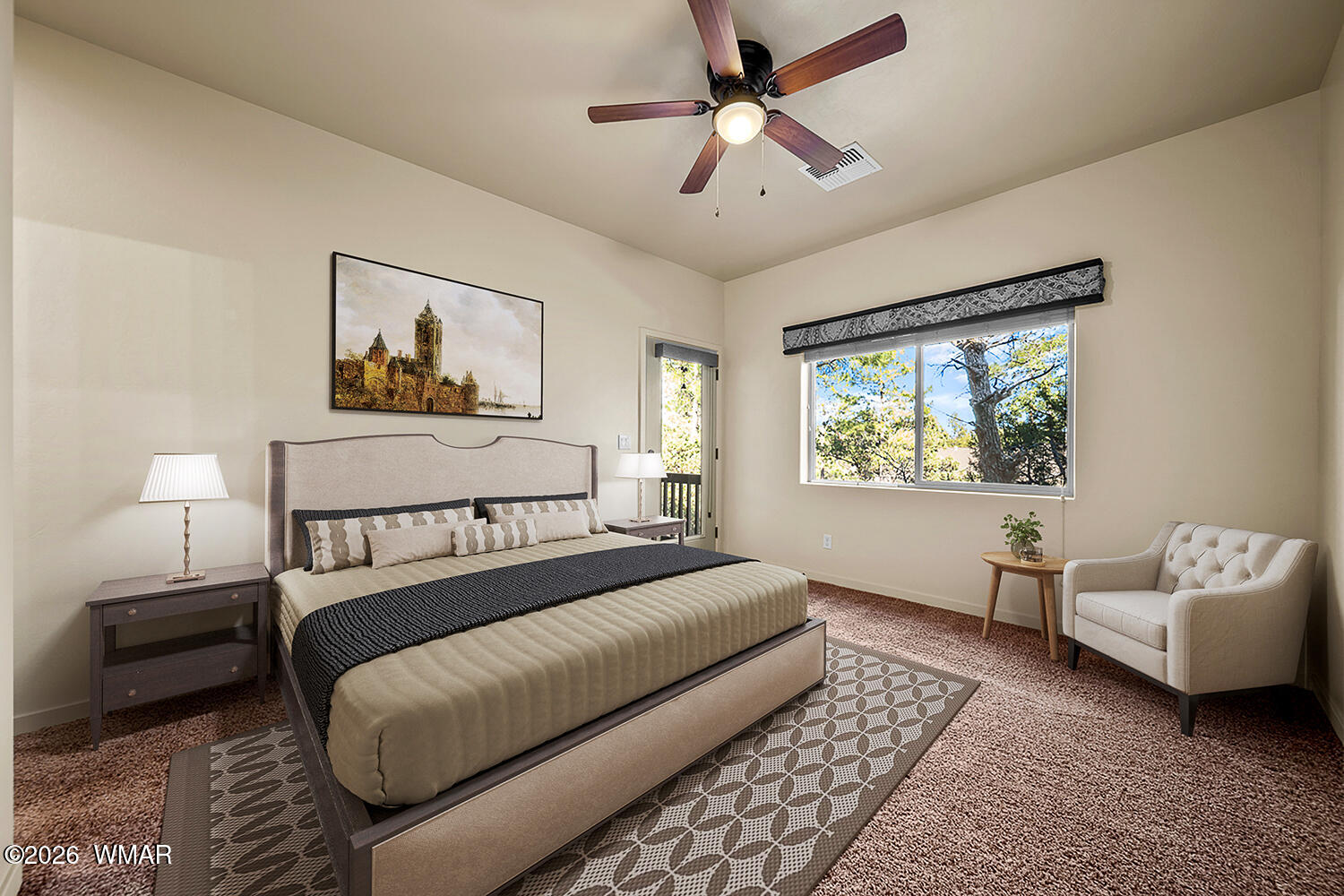 5859 Apollo Way Lakeside, AZ 85929 - Photo 13 of 35 a bedroom with a bed couches chair and a window