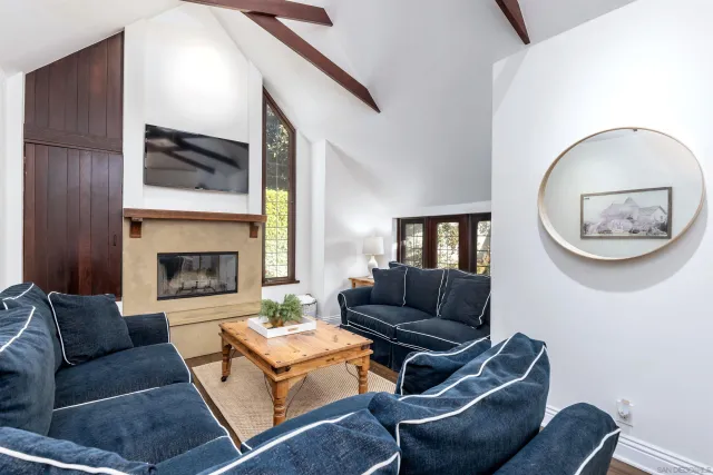 a living room with furniture a flat screen tv and a fireplace
