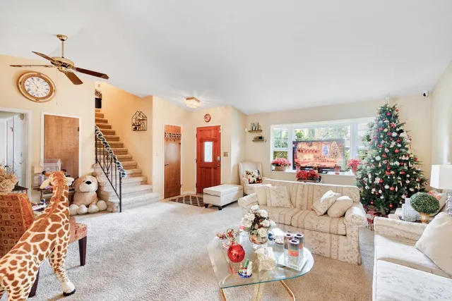 a living room with furniture flowerpot and a chandelier