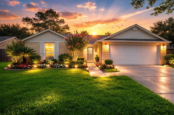 a front view of house with yard and green space