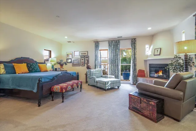 a bedroom with furniture and a fireplace