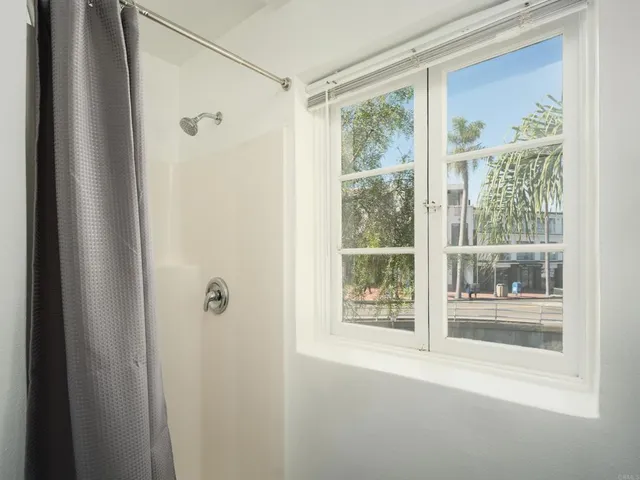 a view of a bathroom with a window