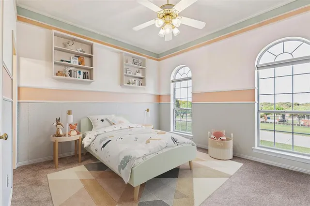 a bedroom with a bed a chandelier and closet