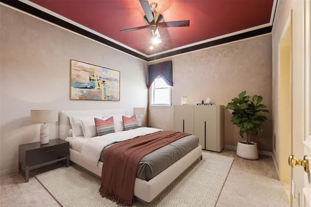 a bedroom with a bed and a potted plant