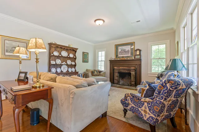 a living room with furniture windows and a fireplace