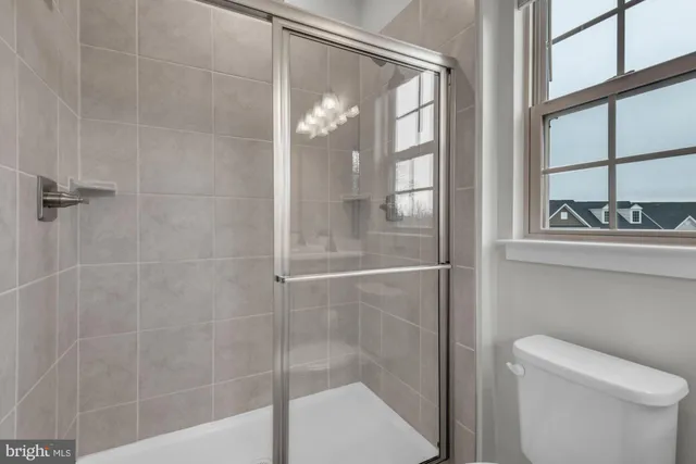 a bathroom with a shower and toilet
