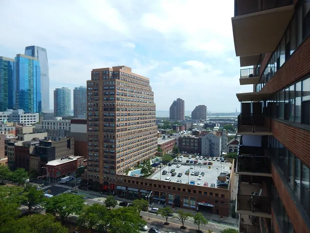 a city view with tall buildings
