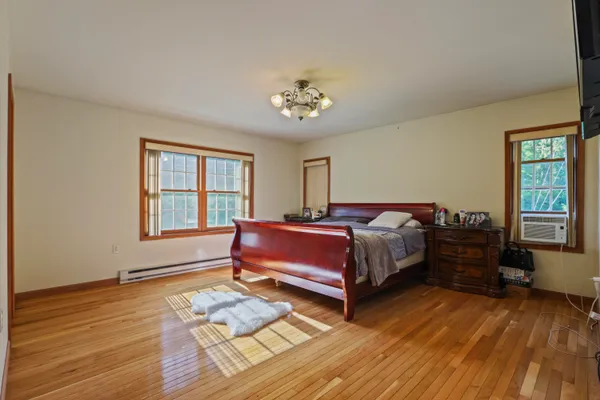 a spacious bedroom with a bed and wooden floor