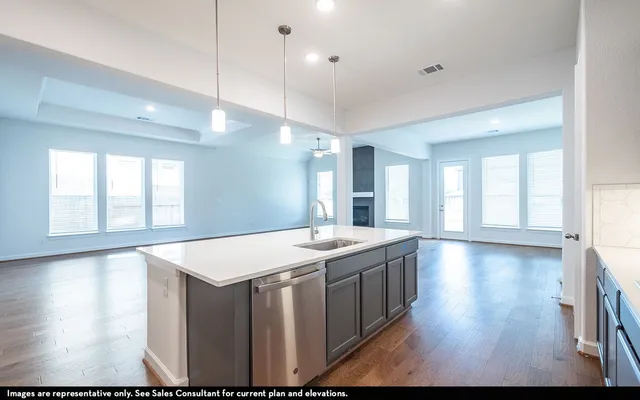 a kitchen with a sink and wooden floor