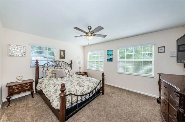a bedroom with a large bed and a window