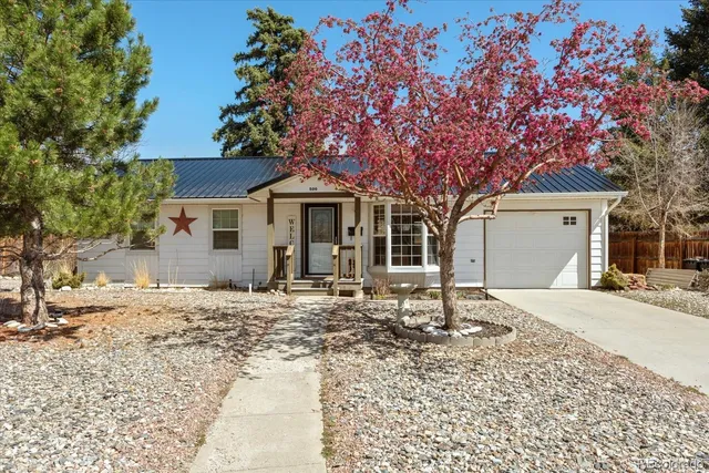 a front view of a house with a garden and trees