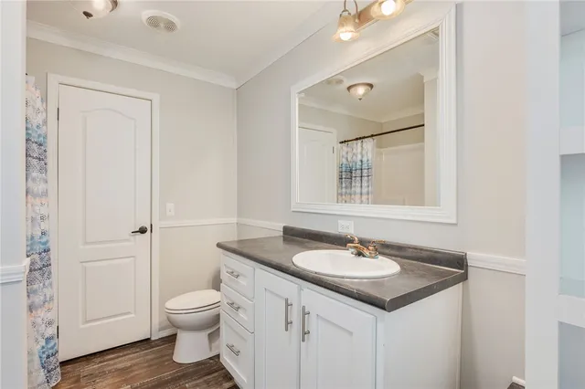 a bathroom with a granite countertop sink a toilet and a mirror
