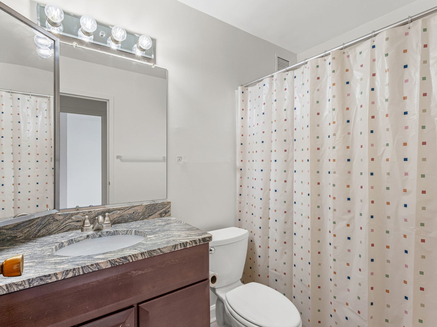 9009 Golf Road, Unit 2A Des Plaines, IL 60016 - Photo 14 of 18 a bathroom with a granite countertop toilet a sink and a mirror