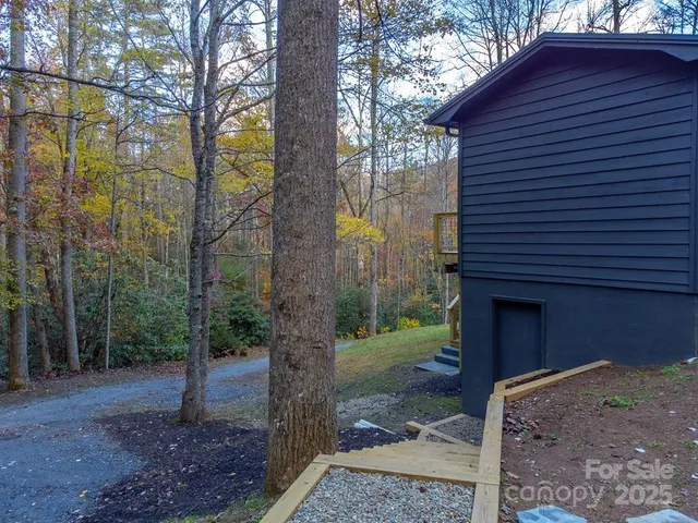 a view of a backyard with large trees