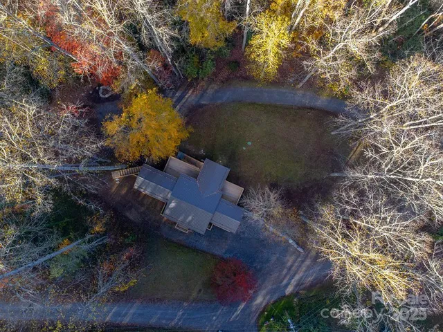a view of a yard with large trees