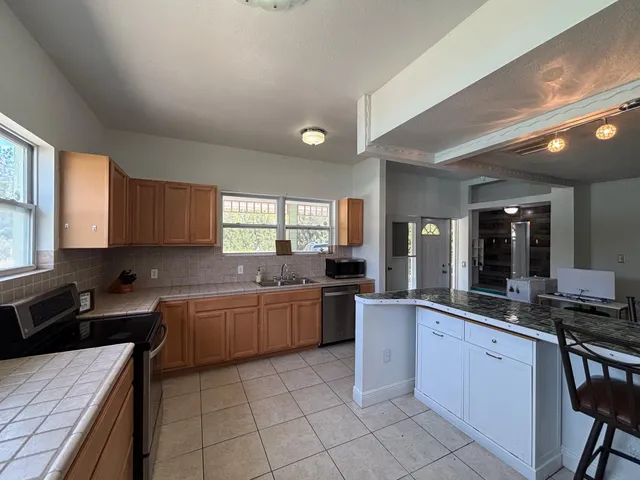 a kitchen with lots of counter top space