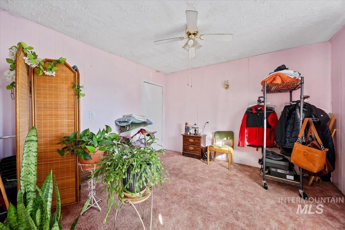 534 Miller Avenue Burley, ID 83318 - Photo 20 of 27 Living area featuring carpet floors, a textured ceiling, and a ceiling fan