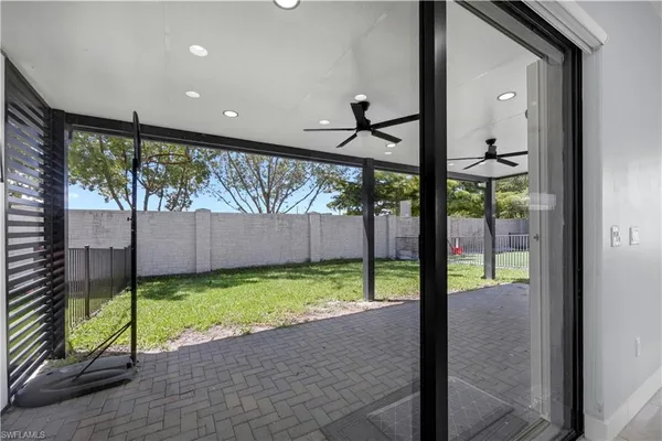 a view of a porch with a backyard