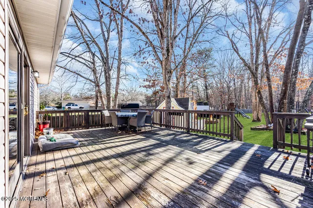 a view of a park with large trees