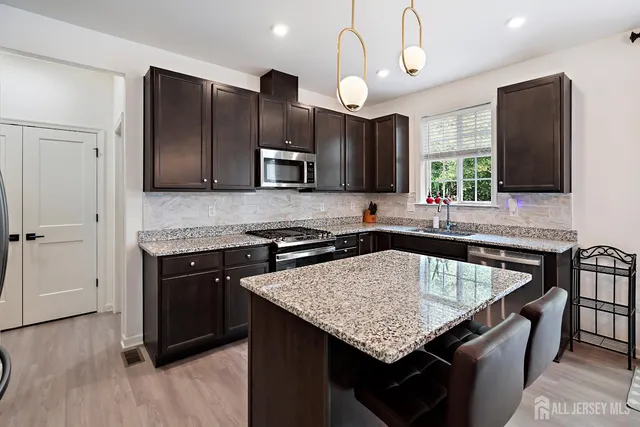 a kitchen with stainless steel appliances granite countertop a sink dishwasher a stove and a refrigerator with wooden floor