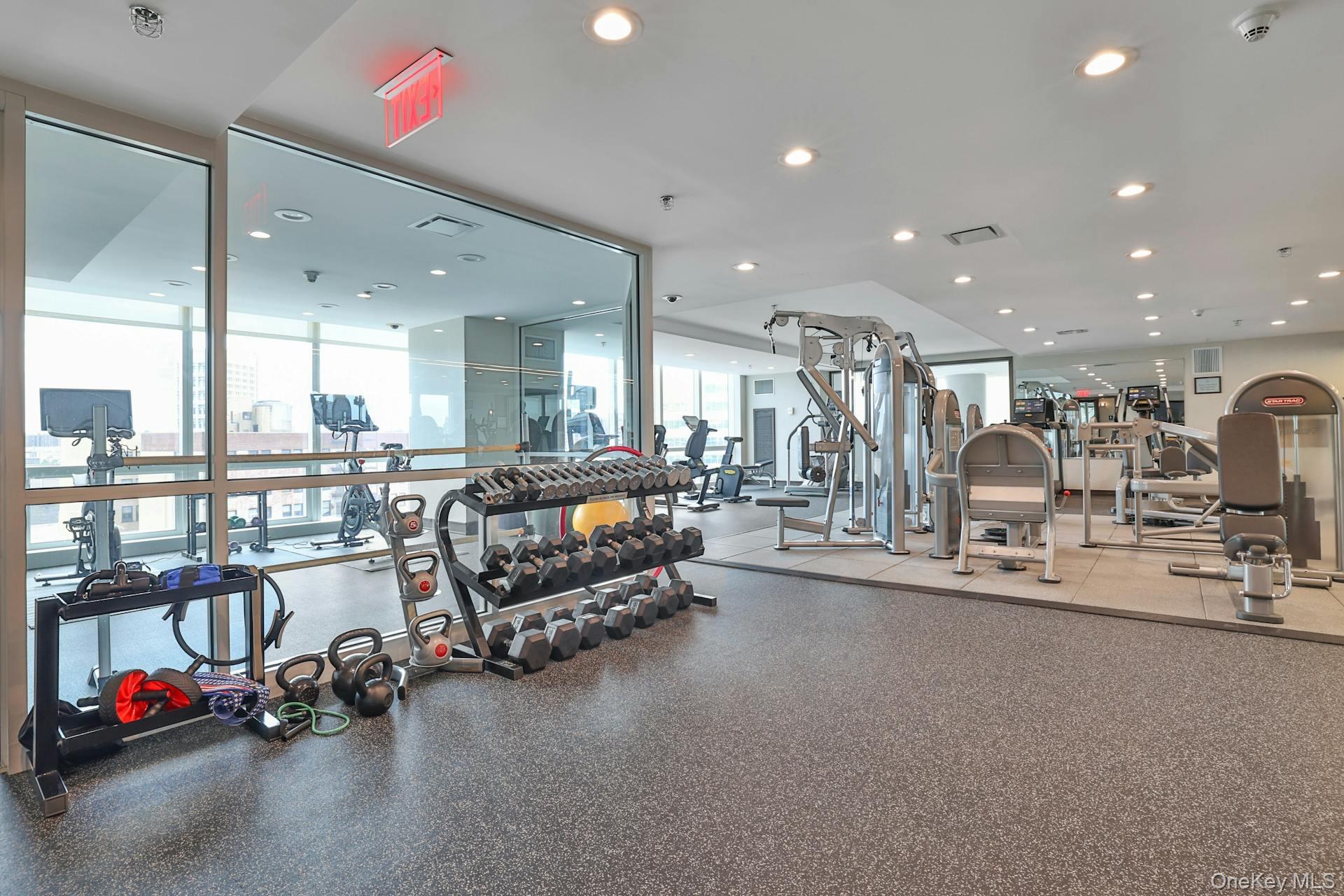 5 Renaissance Square, Unit 12A White Plains, NY 10601 - Photo 29 of 36 a room with gym equipment and large mirror