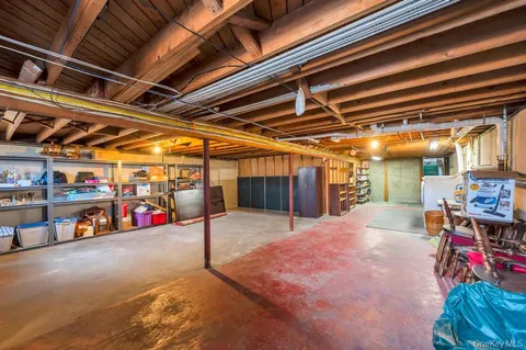 a view of a garage with storage