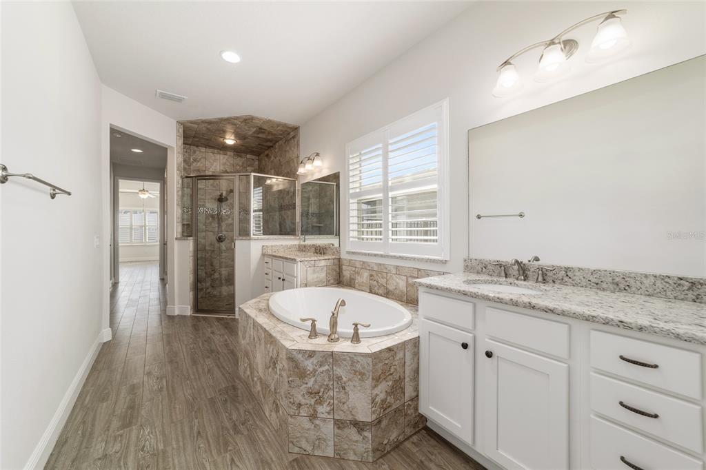 6429 Southwest 45th Avenue Ocala, FL 34474 - Photo 30 of 56 a bathroom with a granite countertop sink mirror bathtub and shower
