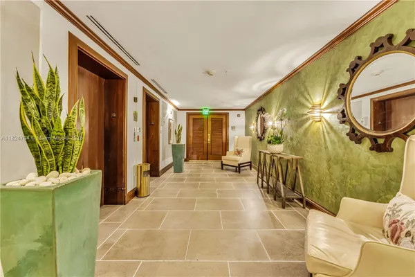 a lobby with furniture