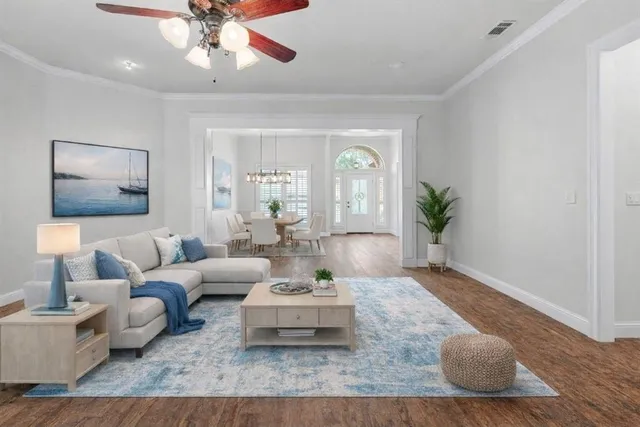 a living room with furniture and a potted plant
