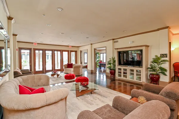 a front view of building with outdoor seating