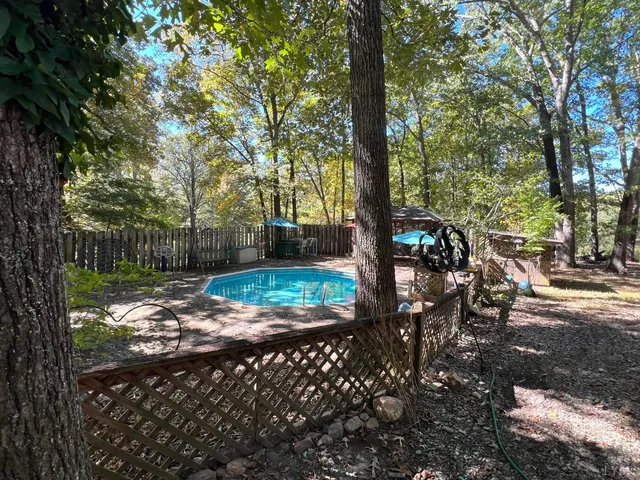 a view of a swimming pool with an outdoor seating and a forest