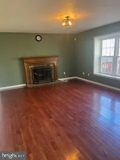 a view of empty room with wooden floor and fireplace