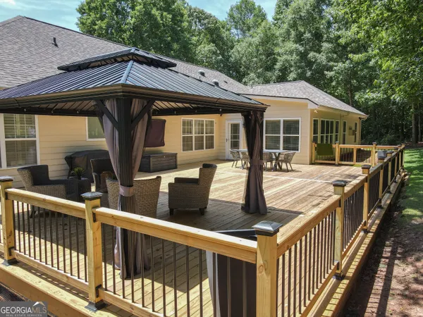 a front view of a house with patio