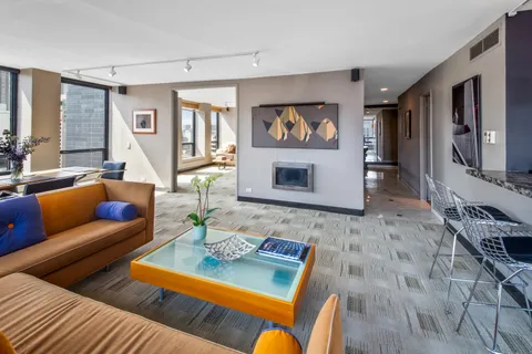 a living room with furniture potted plant and a fireplace