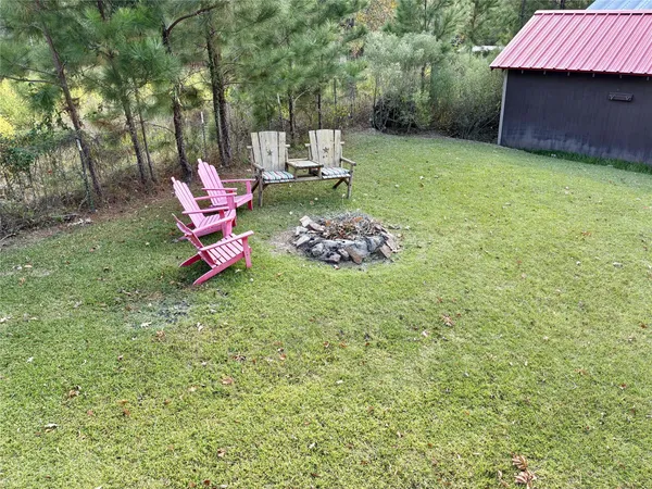 a garden view with a seating space