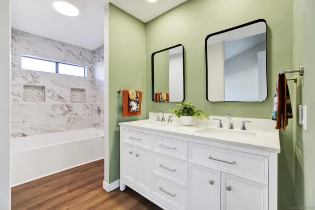 a bathroom with a bathtub