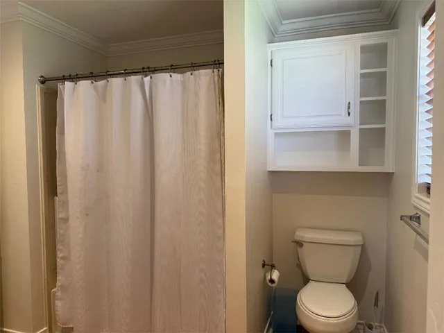a bathroom with a toilet and a shower curtain