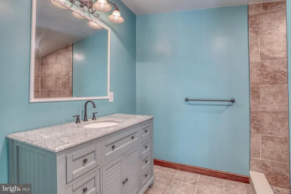a bathroom with a shower and a sink