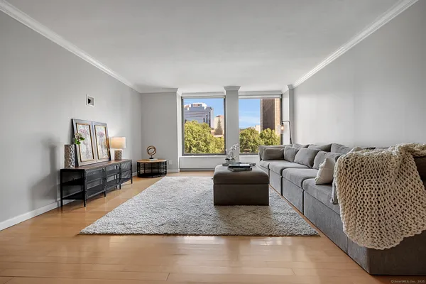 a living room with furniture and windows