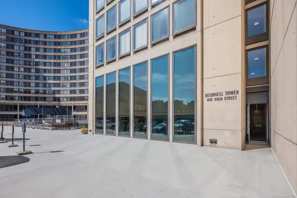 a view of a building with a large window
